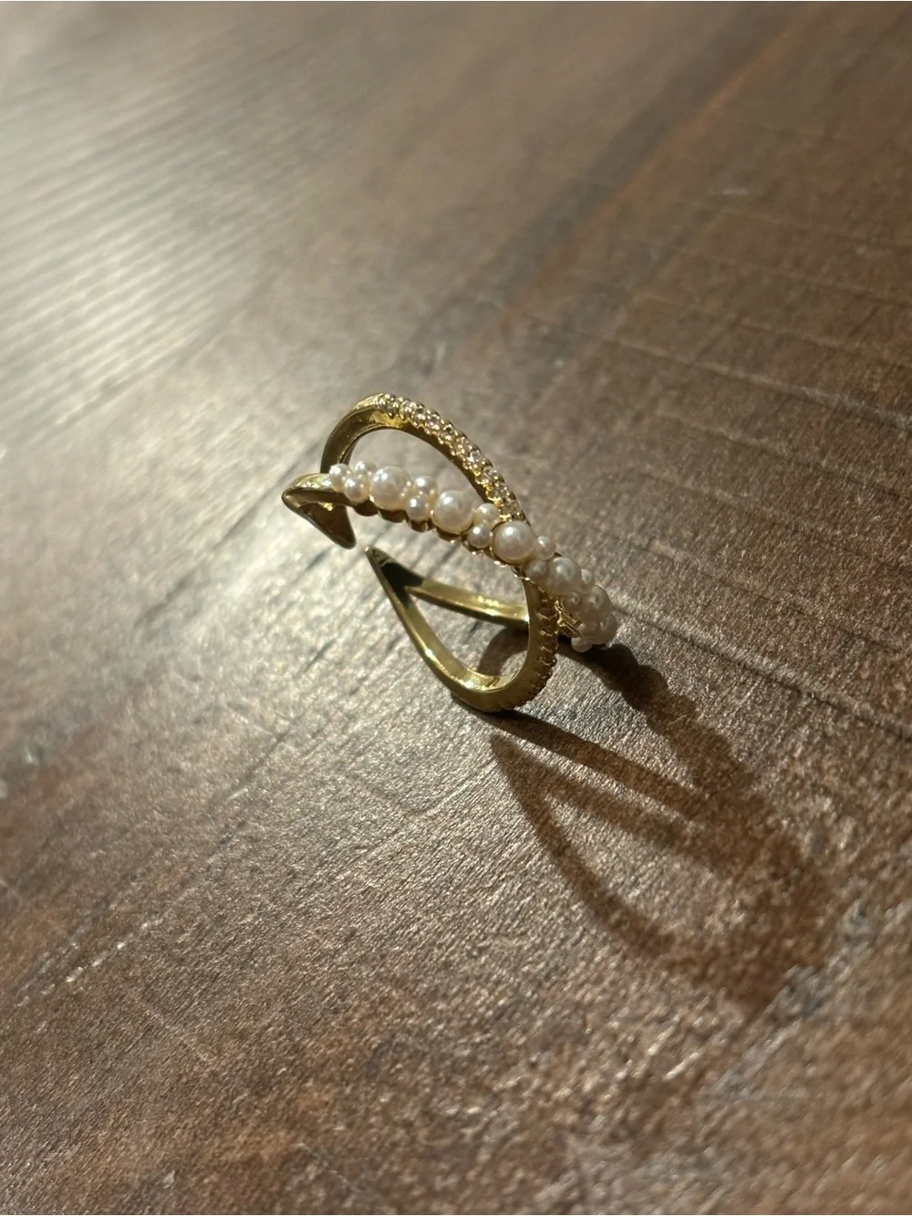 Gold Tone Open Cuff Ring with Faux Pearls & Crystal Accents – Adjustable